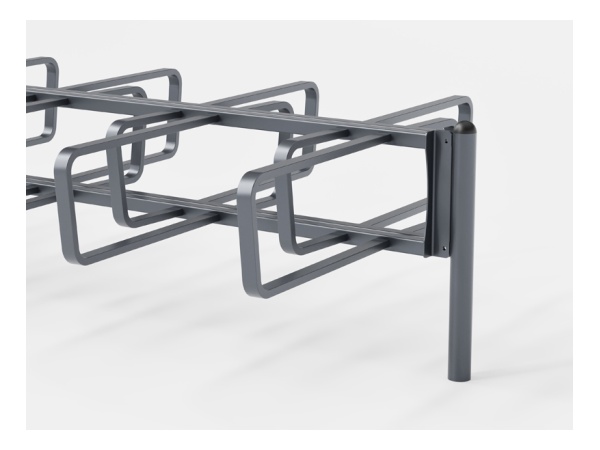 Pyynikki-pyörätelineen valettava päätyjalka pyörätelineet kaksipuoleisena pyöräteline, pyöräkaari, pyöräpysäköinti, runkolukitus, runkolukitteinen, pyöräparkki, aisalukitus, pyöräkoukku