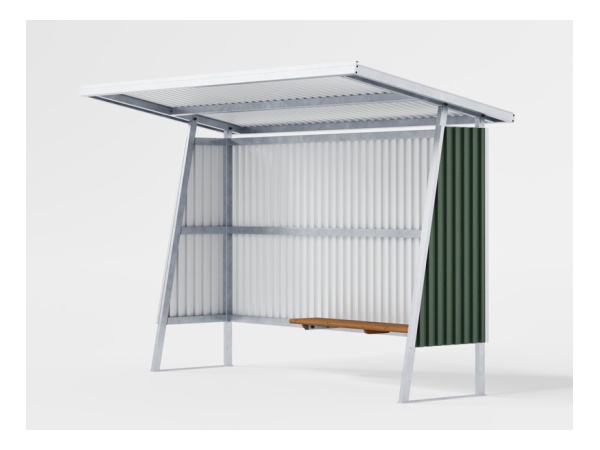 TVH pysäkkikatos 3,3m vihreällä profiilipeltiseinällä tvh, linja-autopysäkki, tvh-malli, pysäkkikatos, sadekatos