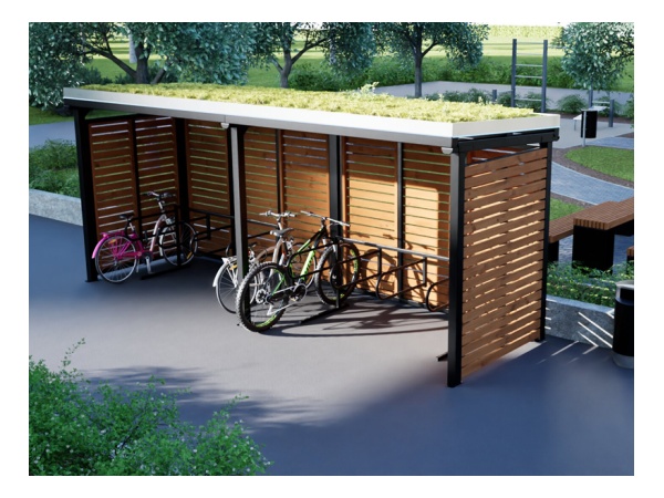 Aurora Green 3m+3m viherkatolla ja puuverhoilulla, RAL 9005 aurora, viherkatto, katos, maksaruoho, niitty, heinä, pyöräteline, modulaarinen, jatkettava, finture