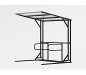 L-mallin runkolukitteinen pyöräkatos pinta-asenteisena, PC-kennolevykatto, runko RAL9005 pyöräkatos, yleiskatos, suojakatos, liityntäpysäköinti, pyöräsuoja, pysäkkikatos, terminaali, runkolukitus, runkolukitteinen, runkolukittava