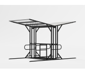 8-paikkainen Y-mallin runkolukitteinen pyöräkatos pinta-asenteisena, RAL9005, PC-kennolevykatto pyöräkatos, yleiskatos, suojakatos, liityntäpysäköinti, pyöräsuoja, pysäkkikatos, terminaali, runkolukitus, runkolukitteinen, runkolukittava